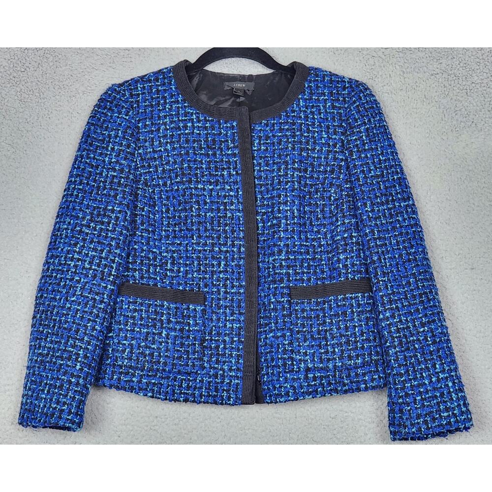 J CREW Blazer Womens Size 4 Blue Geometric Design Tweed Pockets Clasp Close